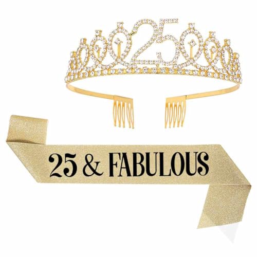 SHTGOI Geburtstags-Krone Schärpe Set zum 25. Kristall Geburtstagskrone und Geburtstag Schärpe 25 & Fabulous Geburtstag Mädchen Deko Schärpe und Tiara Geburtstag Geschenke für Geburtstag Deko Gold SHTGOI Geburtstags-Krone Schärpe Set zum 25. Kristall Geburtstagskrone und Geburtstag Schärpe 25 & Fabulous Geburtstag Mädchen Deko Schärpe und Tiara Geburtstag Geschenke für Geburtstag Deko Gold von SHTGOI
