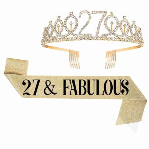 SHTGOI Geburtstags-Krone Schärpe Set zum 27. Kristall Geburtstagskrone und Geburtstag Schärpe 27 & Fabulous Geburtstag Mädchen Deko Schärpe und Tiara Geburtstag Geschenke für Geburtstag Deko Gold SHTGOI Geburtstags-Krone Schärpe Set zum 27. Kristall Geburtstagskrone und Geburtstag Schärpe 27 & Fabulous Geburtstag Mädchen Deko Schärpe und Tiara Geburtstag Geschenke für Geburtstag Deko Gold von SHTGOI