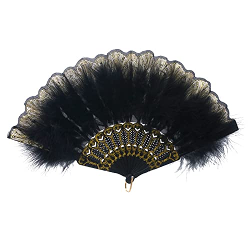 SHTGOI Handfächer Chinesischen Vintage Stil Faltfächer Embroidered Folding Fächer Feder Handheld Fans Klappfächer für Costume Halloween Dancing Wedding Party Prom Tea Party Schwarz von SHTGOI