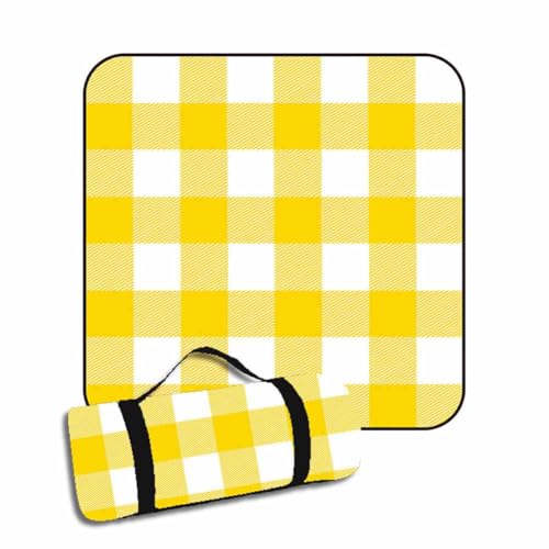 SHTGOI Karo-Picknickdecke 200 * 150cm Wasserdicht Wärmeisoliert Picknick Matte Sandfrei Stranddecke Tragbar Strandmatte mit Tragegriff Campingdecke für Outdoor Garten,Camping,Parks,Strand Gelb von SHTGOI