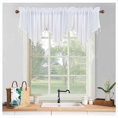 SHTGOI Scheibengardine Dreieck Fenster Vorhang Kleinfenster Vorhang Voile Bistrogardinen mit Perlen Quasten Deko Raffvorhang Kurzes Vorhang-Panel für Küche Schlafzimmer Wohnzimmer 130 * 60cm Weiß von SHTGOI