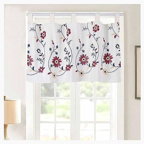 SHTGOI Scheibengardine Kurz Küchenvorhänge mit Weinrot gesticktes Blumenmuster Halbtransparent Bistrogardine 2 Paneele Privatsphäre Fenstervorhang für Cafe Küche Badezimmer Fenster 120 * 60cm von SHTGOI