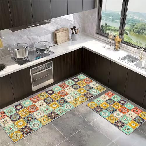 SHUAIG Anti-Rutsch-Küchenmatte Set,waschbar Küchenteppiche 2 Stück,Küchenmatten Mit Schiebeaufkleber für Küche, Foyer.(Style D, 43x75+43x150cm) von SHUAIG