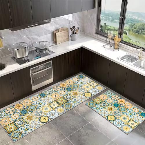 SHUAIG Anti-Rutsch-Küchenmatte Set,waschbar Küchenteppiche 2 Stück,Küchenmatten Mit Schiebeaufkleber für Küche, Foyer.(Style G, 43x75+43x150cm) von SHUAIG
