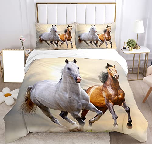 Bettwäsche-Set für Pferde 3D-Druck,Kinder Bettwäsche Set Tier Pferde Motiv Mikrofaser Bettbezug Set mit Reißverschluss und Kissenbezug 50x75cm,für Kinder, Jungen, Jugendlich.(Zwei Pferde, 200x200cm) von SHUAIG