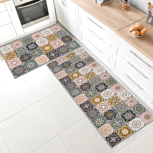 Küchenteppiche 2 Stück,Anti-Müdigkeit Rutschfestes Küchenmatten waschbar,Küchenmatte Set Mit Schiebeaufkleber Geeignet für Badezimmer/Wohnzimmer(Style Q, 43 * 150+43 * 75cm) von SHUAIG