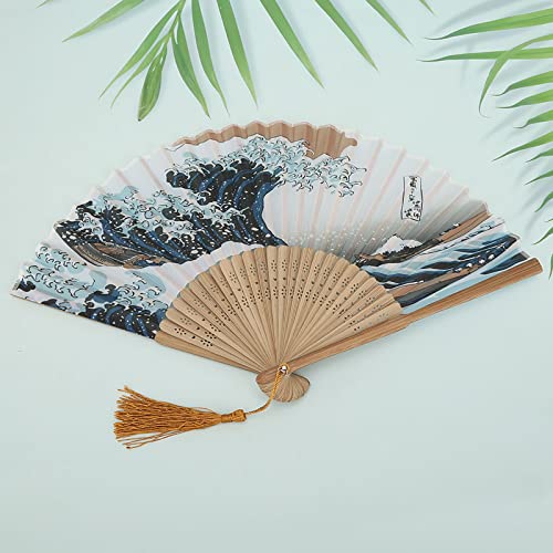SHUAIGUO Eleganter Japanischer Stil Bemalte Wellen Bambusklapperlüfter, 15,0-Zoll-Grüne Saphirblauer Quasten, Tragbares Bürodekor, Tanzpropie, Mehrzweck (Zweite Qing 25 Knochen) von SHUAIGUO