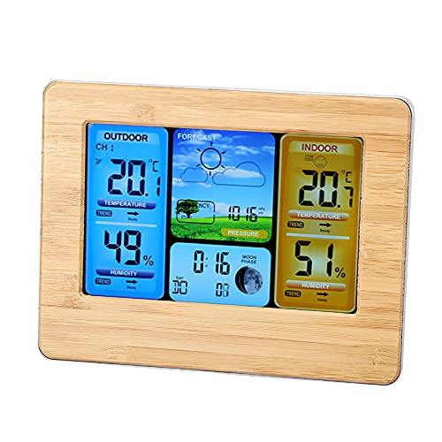 SHUAIGUO LCD Digital Wireless Wetterstation Thermometeruhr, Gebrauch in Innen- und Außenbereich, Wand Montierter Sensor, Mehrsprachiger Display, Mondphase für Zuhause/Büro (Neutral - Gelb) von SHUAIGUO