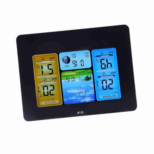 SHUAIGUO LCD Digital Wireless Wetterstation Thermometeruhr, Gebrauch in Innen- und Außenbereich, Wand Montierter Sensor, Mehrsprachiger Display, Mondphase für Zuhause/Büro (Neutral - schwarz) von SHUAIGUO