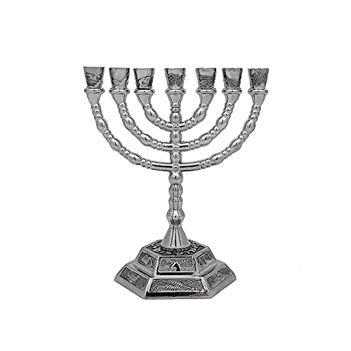 Menora - Zwölf Stämme Israels - Siebenarmiger Leuchter aus Messing in Silber. Höhe - 13 cm, Breite - 13 cm. Aus Israel von SHUCK24