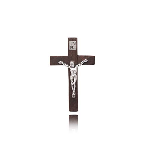 SHUCK24 Holzkreuz aus Jerusalem. Klassisches Holzkreuz mit der Inschrift INRI und den gekreuzigten Jesu Christi aus Metall ca. 4 cm hoch und 2,5 cm breit von SHUCK24