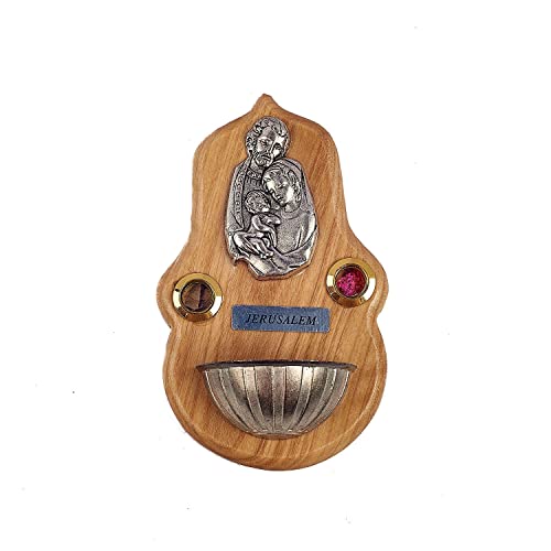 SHUCK24 Wundervolles Weihwasserbecken 12cm x 7cm aus Olivenholz und Messing, mit der Heiligen Familie, gesegnetem Weihrauch und Blütenblättern aus dem Heiligen Land. von SHUCK24