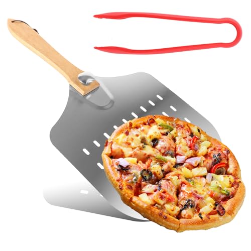 Pizzaschieber Edelstahl, Pizza Peel 30,5 x 34cm, Pizzaschieber mit einklappbaren Holzgriff - Perforierte Pizzaschaufel Mit 3 Kunststoffclips für hausgemachte Pizzen, Backen, Brot - Pizza Zubehör von SHUESS