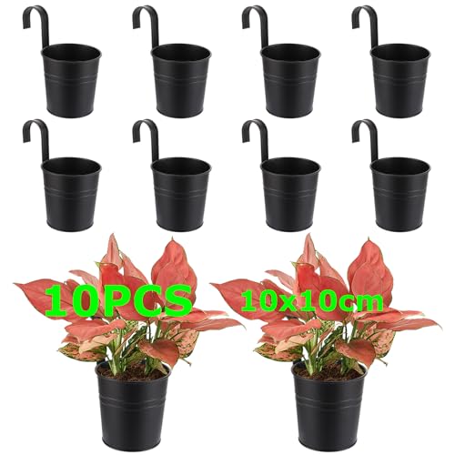 SHUESS 10er Blumentopf hängend Metall Schwarz mit Haken - Blumentöpfe zum Aufhängen für Balkon Terrasse Garten - Rostfreie Hängetöpfe für Pflanzen mit Drainagelöchern - Dekorative hängende Blumentöpfe von SHUESS