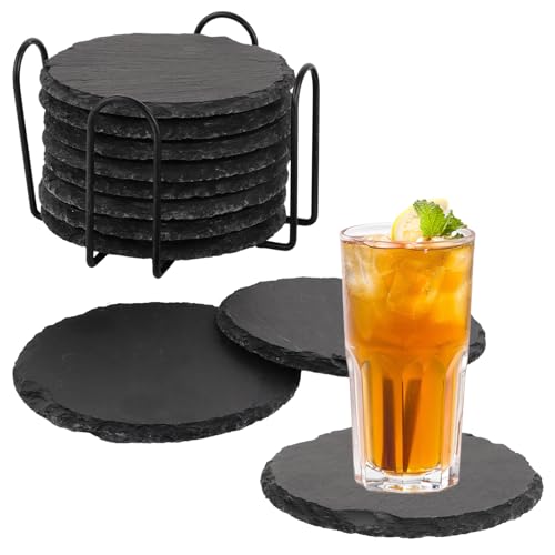 SHUESS 12 Stück Rund Schiefer Untersetzer mit Halter, 10x10 cm Schwarzer Schieferstein mit kratzfester Unterseite, Getränkeuntersetzer für Bar, Küche, Heimdekoration, quadratisch SHUESS 12 Stück Rund Schiefer Untersetzer mit Halter, 10x10 cm Schwarzer Schieferstein mit kratzfester Unterseite, Getränkeuntersetzer für Bar, Küche, Heimdekoration, quadratisch von SHUESS