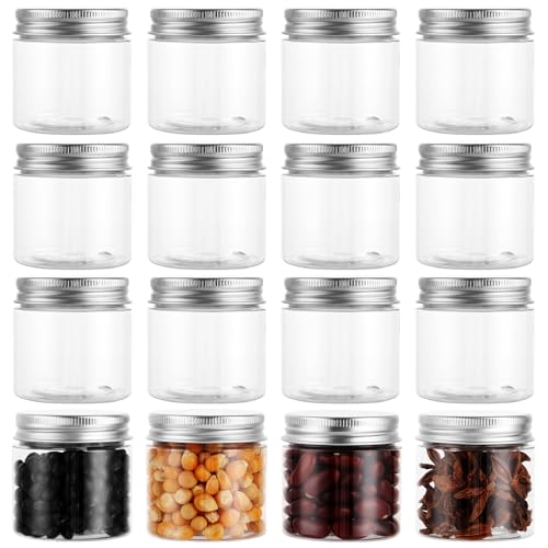 SHUESS 16 Kleine Luftdicht Plastikdosen mit Alu-Schraubdeckel, 60ml Runde Portable Kunststoff-Behälter Transparent Weithals-Behälter für Reisekosmetik, Körperpflege, Gewürze, Müsli, Marmeladen von SHUESS