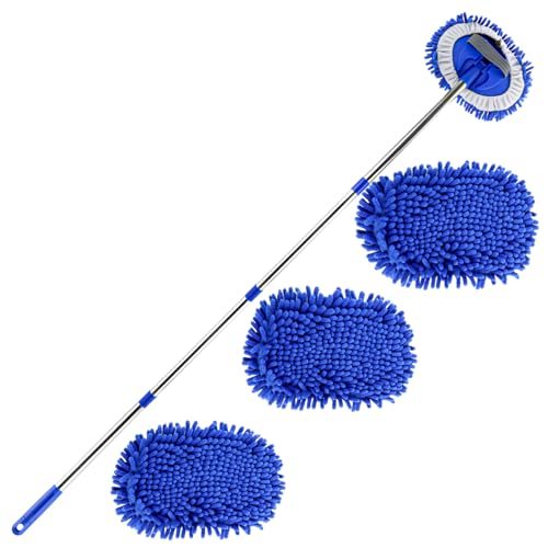 SHUESS 160CM Autowaschbürste Waschbürste Auto mit Teleskopstiel, Autowaschmopp Langer Griff Multifunktionale Reinigungsbürste Auto für KFZ, Wohnmobil, LKW, Fenster (4 x Moppkopf) von SHUESS
