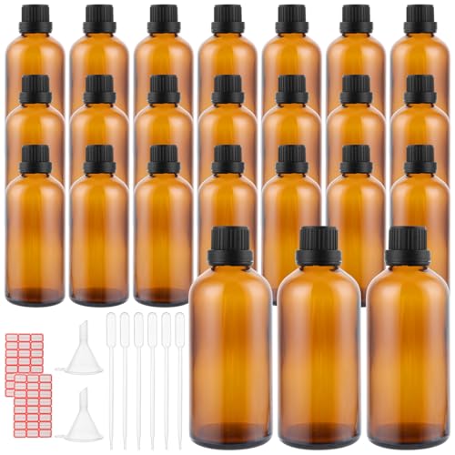 SHUESS 24 Stück 100ml Tropfflasche, Leere Braunglasflasche, Tropfflasche aus Glas Apothekerflasche Set inkl, Tropfer Trichter und Etikett (Braun, 100ml) von SHUESS