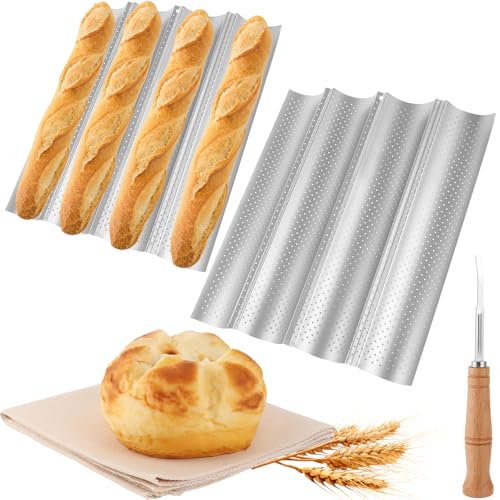 SHUESS 2er Baguette Backblech Antihaft mit Teigtuch und Brotmesser – Baguette Backform aus Carbonstahl für 4 Baguettes je Form – Baguetteform Brotbackform Baguetteblech Backzubehör Baguette Blech von SHUESS
