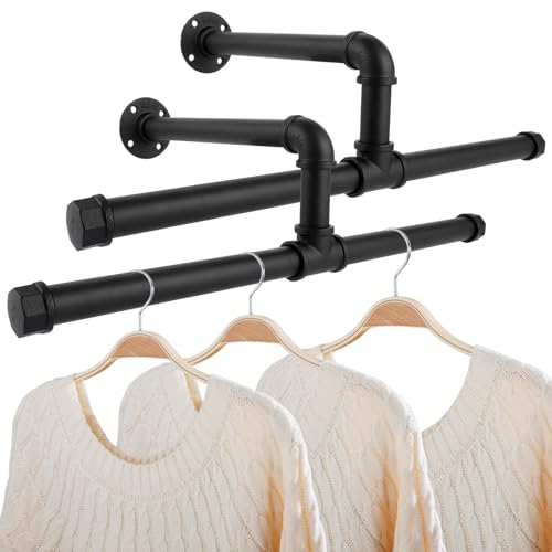 SHUESS 2er Set Industrierohr Kleiderstang, Kleiderständer für die Wand, Industrierohr Kleiderstange Wand, Wandmontage Schwarz Kleiderständer 50cm von SHUESS