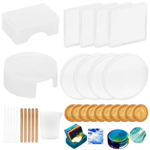 SHUESS 10 Stück Untersetzer Epoxidharz Formen, Untersetzerform Epoxidharz Formen mit Untersetzer Halter, Silikonform Untersetzer Epoxidharz für DIY-Kunsthandwerk, Tassenmatten (Rund Quadrat) SHUESS 10 Stück Untersetzer Epoxidharz Formen, Untersetzerform Epoxidharz Formen mit Untersetzer Halter, Silikonform Untersetzer Epoxidharz für DIY-Kunsthandwerk, Tassenmatten (Rund Quadrat) von SHUESS