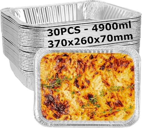 SHUESS 30er Aluschalen Groß 4900ml (370x260x70mm) Einweg Alu Grillschalen für Backofen und Grill – Stabile Grillschalen Aluminium Einweg – Wiederverwendbare Aluschalen Grill für Gasgrill BBQ Catering von SHUESS