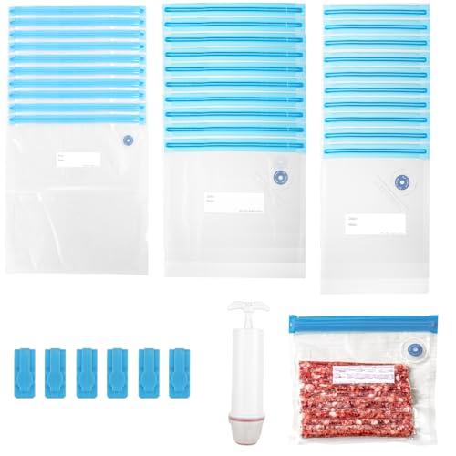 SHUESS 30x Vakuumbeutel Lebensmittel Set mit Pumpe - Wiederverwendbare Sous Vide Beutel in 3 Größen – Luftdichte Vakuumbeutel mit Verschlussclips für Filament Aufbewahrung und Gefrierlagerung von SHUESS