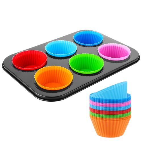 SHUESS 4 Stück Muffinform, Edelstahl Muffin Backform für 6 Muffins, Muffinblech mit 24er Silikon Cupcake Formen für Muffins Cupcakes Pudding Brownies, 26.5x18.5x2.8CM von SHUESS