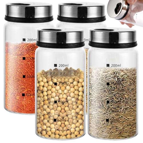 SHUESS Gewürzgläser mit Drehdeckel 4 Stück, Gewürzdosen aus Borosilikatglas, 200ml Gewürzstreuer mit 4 Arten von Gewürzlöchern für Gewürze oder Kräuter in der Küche oder Grillen im Freien von SHUESS