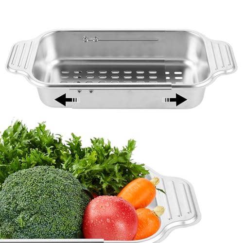 SHUESS Siebkorb über Spüle Spülbecken Sieb, Edelstahl Sieb für die Spüle ausziehbar, Küchenorganizer variabel, udelsieb zum Abgießen, Siebkorb zum Waschen von Gemüse und Obst, Camping Geschirr von SHUESS