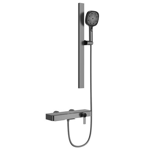 Badewannenarmatur mit Handbrause (4 Strahlarten), Mischbatterie Badewanne mit Anhebbare Duschstange und Glasablage, Wannenarmatur Wasserfall, Wasserhahn Badewanne mit 150 cm PVC Schlauch von SHUGUANG