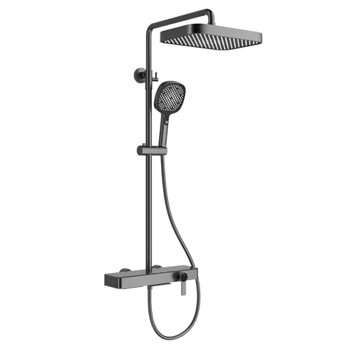 Duschsystem mit Armatur und Glasablage, Duscharmatur Komplettset mit Versteckte Wasserfall- Auslauf, Duschset mit Handbrause 4 Strahlarten und 150 cm Schlauch, Anhebbarer Brausestange Duschsystem mit Armatur und Glasablage, Duscharmatur Komplettset mit Versteckte Wasserfall- Auslauf, Duschset mit Handbrause 4 Strahlarten und 150 cm Schlauch, Anhebbarer Brausestange von SHUGUANG