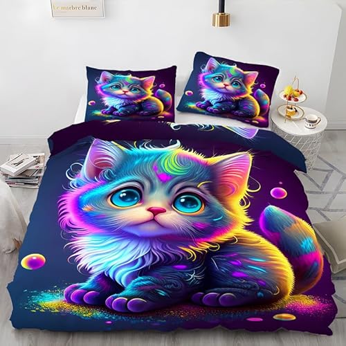 Bettwäsche 135x200 Graue Katze Bettwäsche Set 3 Teilig Tier Muster Bettbezug für Kinder, Microfaser Flauschig Weich Bettbezüge und 2 Kissenbezug 80x80 cm, mit Reißverschluss von SHUI