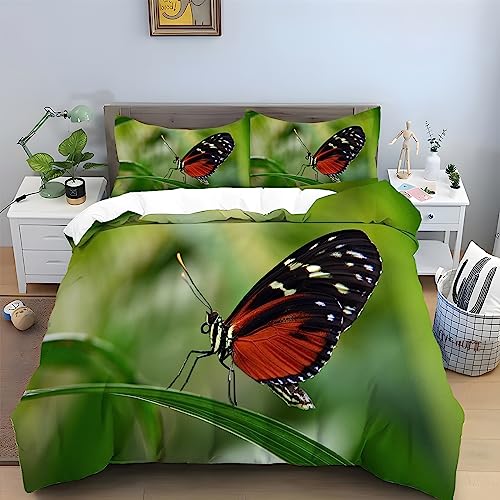 Bettwäsche 135x200 GrüNer Schmetterling Bettwäsche Set 3 Teilig Pflanze Muster Bettbezug für Kinder, Microfaser Flauschig Weich Bettbezüge und 2 Kissenbezug 80x80 cm, mit Reißverschluss von SHUI