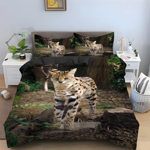 Bettwäsche 135x200 Serval Katze Bettwäsche Set 3 Teilig GrüNfläChe Muster Bettbezug für Kinder, Microfaser Flauschig Weich Bettbezüge und 2 Kissenbezug 80x80 cm, mit Reißverschluss von SHUI