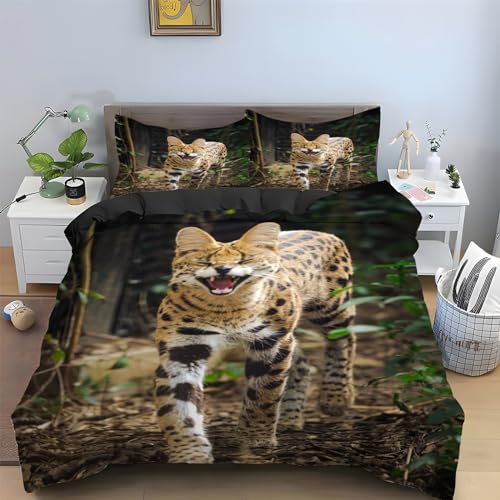 Bettwäsche 135x200 Serval Katze Bettwäsche Set 3 Teilig Katzen Muster Bettbezug für Kinder, Microfaser Flauschig Weich Bettbezüge und 2 Kissenbezug 80x80 cm, mit Reißverschluss von SHUI