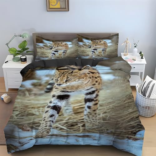 Bettwäsche 135x200 Serval Katze Bettwäsche Set 3 Teilig Tier Muster Bettbezug für Kinder, Microfaser Flauschig Weich Bettbezüge und 2 Kissenbezug 80x80 cm, mit Reißverschluss von SHUI