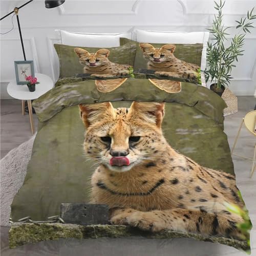 Bettwäsche 135x200 Serval Katze Bettwäsche Set 3 Teilig Wiese Muster Bettbezug für Kinder, Microfaser Flauschig Weich Bettbezüge und 2 Kissenbezug 80x80 cm, mit Reißverschluss von SHUI