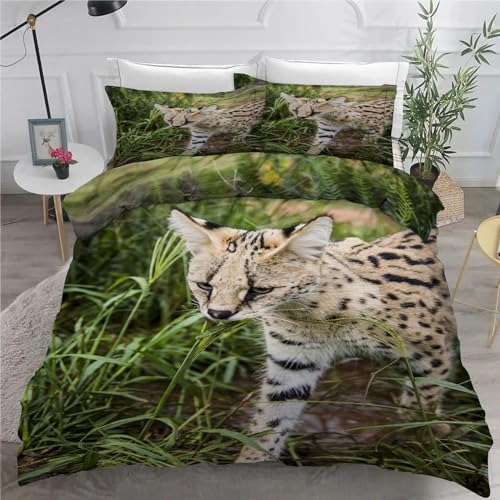 Bettwäsche 135x200 Serval Katze Bettwäsche Set 3 Teilig Wilde Tiere Muster Bettbezug für Kinder, Microfaser Flauschig Weich Bettbezüge und 2 Kissenbezug 80x80 cm, mit Reißverschluss von SHUI