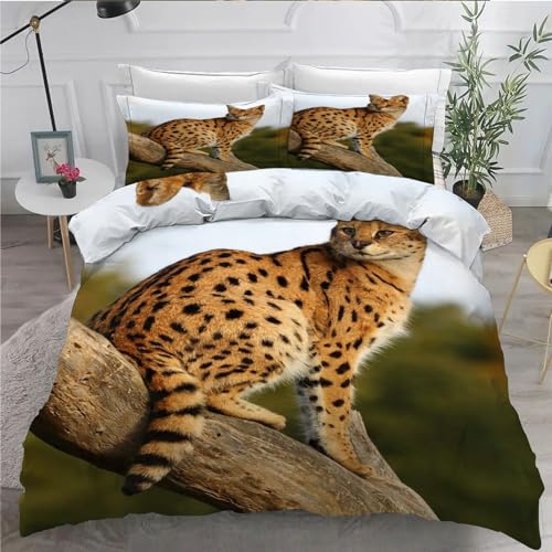 Bettwäsche 135x200 Serval Katze Bettwäsche Set 3 Teilig Wilde Tiere Muster Bettbezug für Kinder, Microfaser Flauschig Weich Bettbezüge und 2 Kissenbezug 80x80 cm, mit Reißverschluss von SHUI