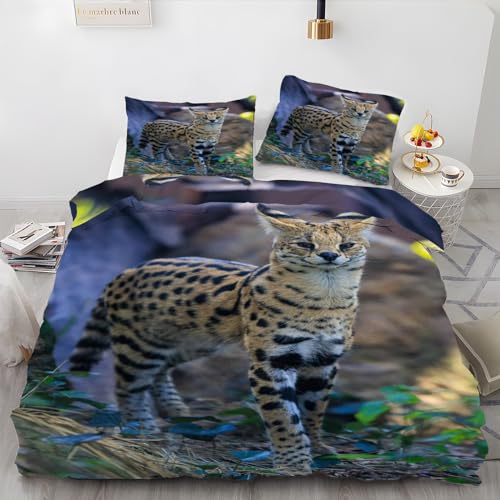 Bettwäsche 135x200 Serval Katze Bettwäsche Set 3 Teilig Wilde Tiere Muster Bettbezug für Kinder, Microfaser Flauschig Weich Bettbezüge und 2 Kissenbezug 80x80 cm, mit Reißverschluss von SHUI