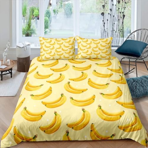Bettwäsche 200x200 Obst Bettwäsche Set 3 Teilig Banane Muster Bettbezug für Erwachsener, Microfaser Weich Warm Bettbezüge und 2 Kissenbezug 80x80 cm, mit Reißverschluss von SHUI