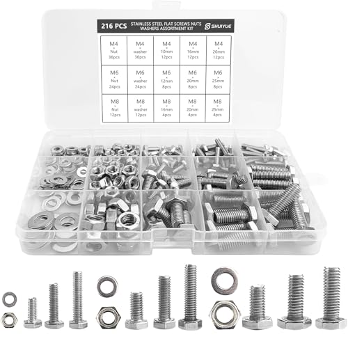 216 StüCk Sechskantschrauben Und Muttern Und Unterlegscheiben, M4/M6/M8 Edelstahl Sechskant Schrauben Und Muttern Und Unterlegscheiben Set, Maschinenschrauben, Gewindeschrauben Mit Vollgewinde von SHUIYUE