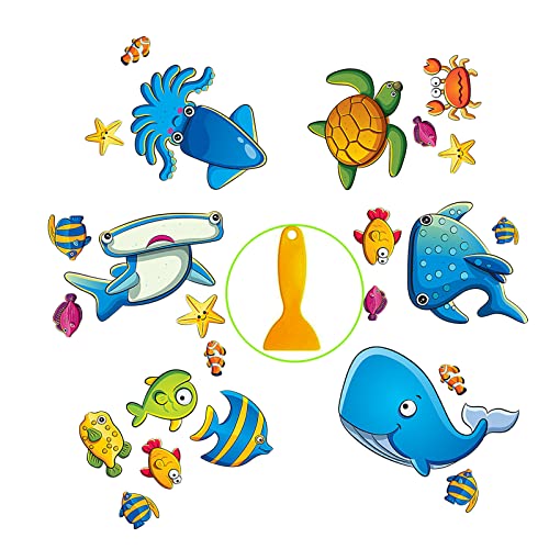 SHULLIN 6 Blätter rutschfeste Badewannen-Aufkleber Anti-Rutsch Sticker mit Schaber Meerestiere Form selbstklebend Badematte rutschfest Badausstattung Cartoon-Aufkleber für Kinder(24pcsMeerestier) von SHULLIN