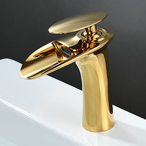 Gold Wasserhahn Bad Waschtischarmatur Wasserfall Badarmaturen Mischbatterie Waschbeckenarmaturen für Badezimmer aus Messing (Poliertes Gold) von SHUNLI