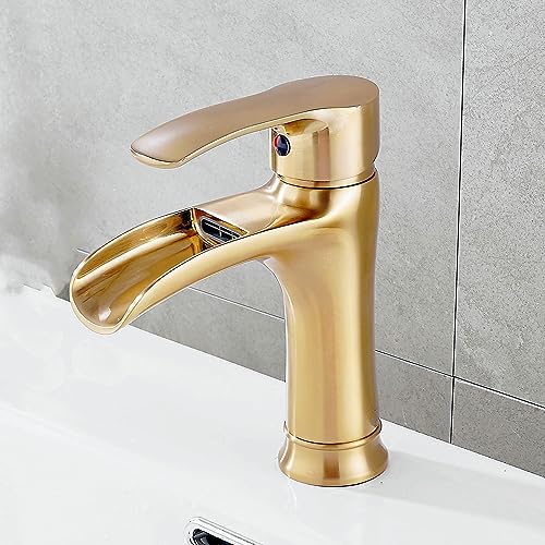 SHUNLI Wasserfall Wasserhahn Bad Gebürstetes Gold Waschtischarmatur, Einhebel Badarmatur Bad Armatur Waschtischbatterie für Badezimmer Waschbecken, Messing von SHUNLI