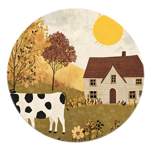 Boho Farm Round Area Teppiche 100cm - Sunny Landscape Niederflorteppich Grau Yelow Mat Anti Rutsch für Bauernhaus Küche Waschküche Kinderzimmer von SHUODAOCO