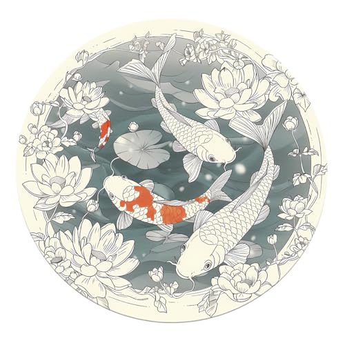 Fisch und Lotus Runder Teppich 200cm - Orientalischer Stil waschbarer Rutschfester weicher Kreisteppich für Wohnzimmer Küche Boden unter Tisch Kinderzimmer Fisch und Lotus Runder Teppich 200cm - Orientalischer Stil waschbarer Rutschfester weicher Kreisteppich für Wohnzimmer Küche Boden unter Tisch Kinderzimmer von SHUODAOCO