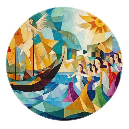 Geflügeltes Segelboot Frauen Runder Teppich 90cm - Küste Mosaik Druck Kreis Teppich rutschfest Waschbar Weich für Wohnzimmer Esszimmer Foyer Badezimmer von SHUODAOCO