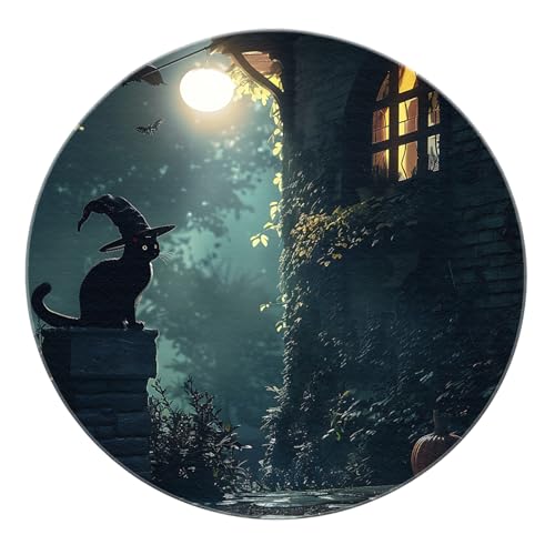 Halloween-Illustration Runde Teppiche - Schwarze Katze Kürbis Teppich Waschbare rutschfeste Matte für Klassenzimmer Gästezimmer Flur Festival Dekor 60cm Halloween-Illustration Runde Teppiche - Schwarze Katze Kürbis Teppich Waschbare rutschfeste Matte für Klassenzimmer Gästezimmer Flur Festival Dekor 60cm von SHUODAOCO